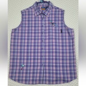 Vtg Winnie the Pooh Sleeveless Shirt Womens Sz 26W 28W Purple Plaid Button Front